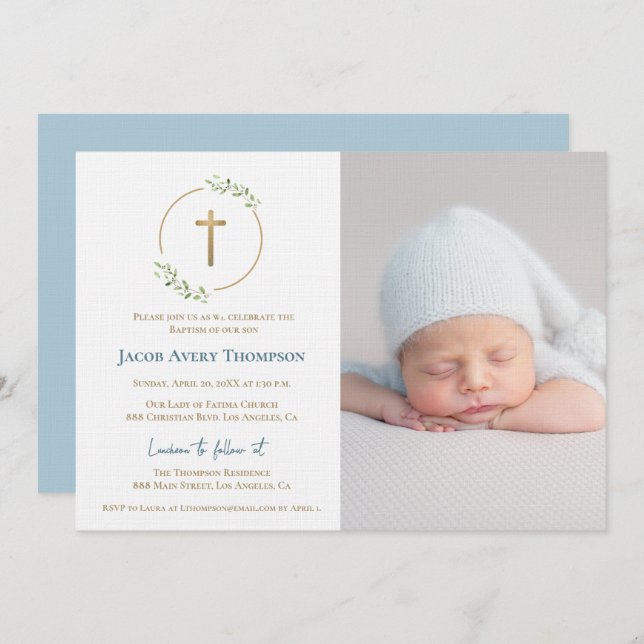 Convite Modern Wreath Gold Cross Baby baptism Photo Blue (Frente/Verso)