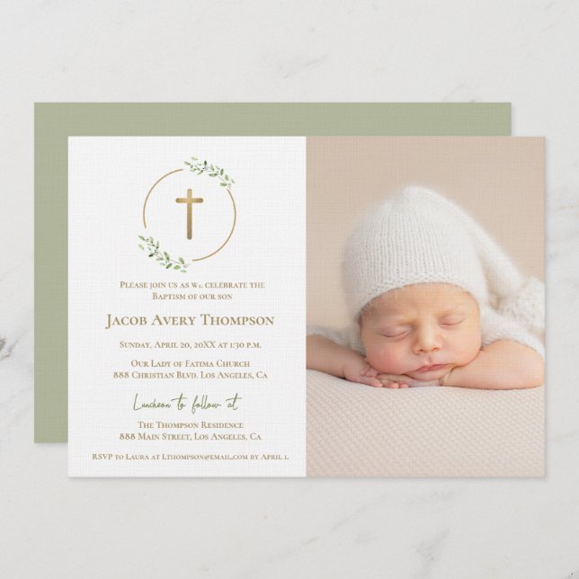 Convite Modern Wreath Gold Cross Baby baptism Photo green (Frente/Verso)