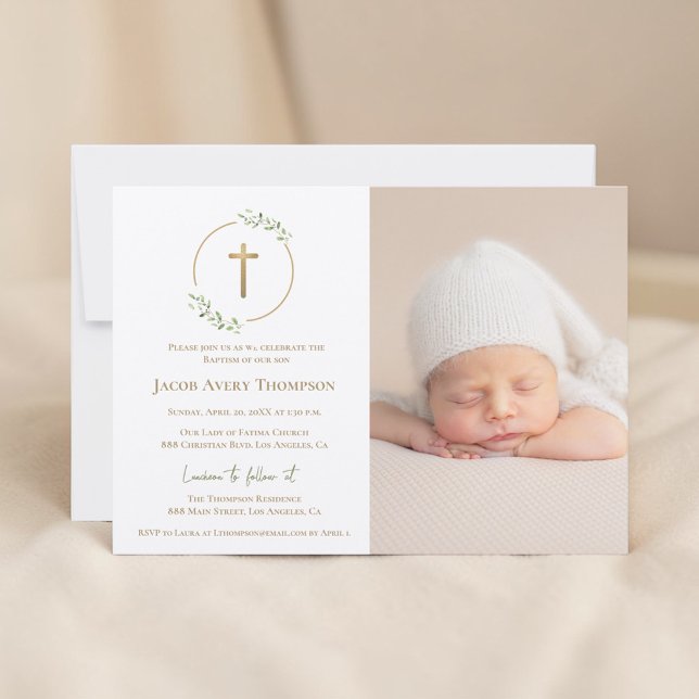Convite Modern Wreath Gold Cross Baby baptism Photo green (Customizable photo baptism with gold cross, and greenery wreath)