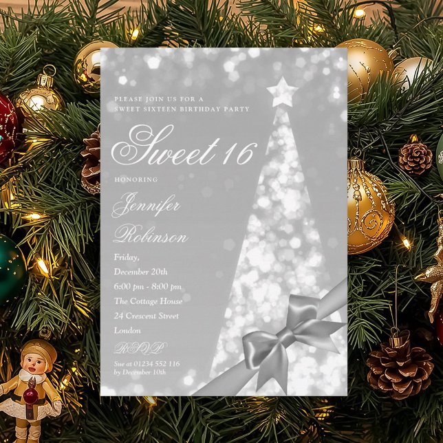 Convite Modern Xmas Tree Ribbon Sweet 16 Birthday Party (Modern Xmas Tree Ribbon Sweet 16 Birthday Party Invitation)