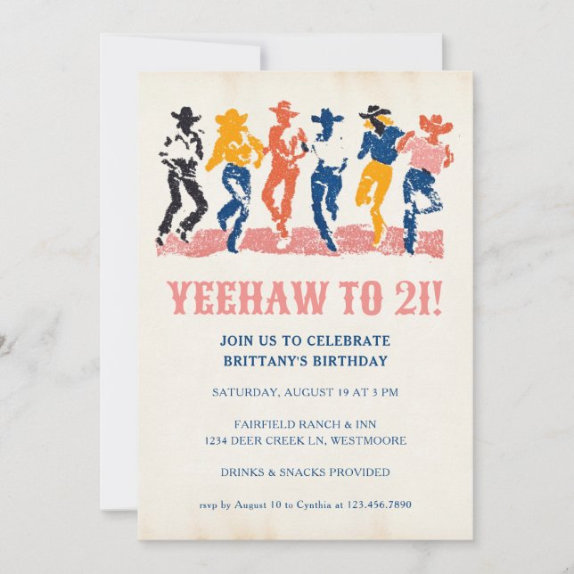 Convite Modern Yeehaw Cowgirl - aniversário de 21 anos (Frente)