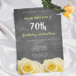 Convite Modern Yellow Rose Chalkboard 70th Birthday Party<br><div class="desc">Modern 70th birthday party invitation for her. Invitation with a beautiful yellow rose flower. The background is a trendy grey chalkboard. The text is in white and yellow colors and is fully customizable - personalize it with your name, age, date, location and RSVP. Perfect for a woman who is celebrating...</div>