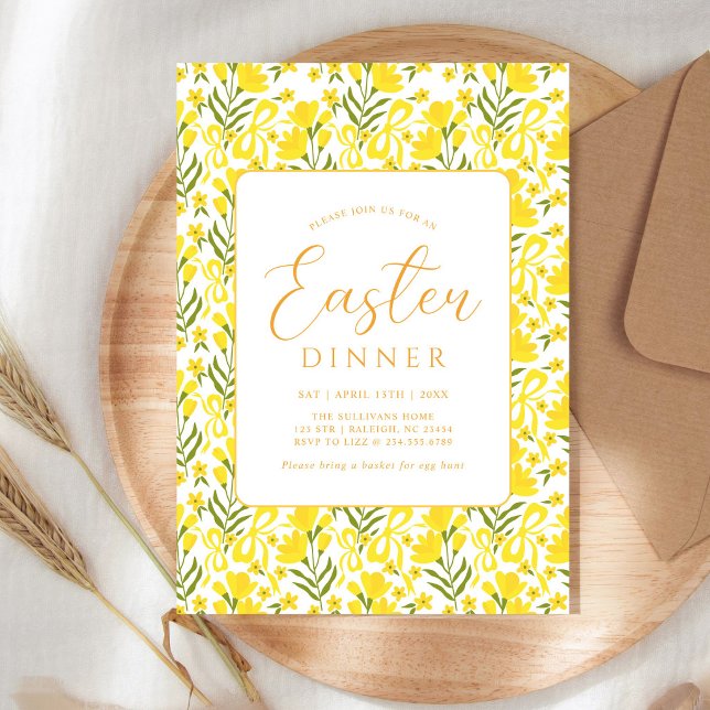 Convite Modern Yellow Spring Floral Bow Easter Dinner (Criador carregado)