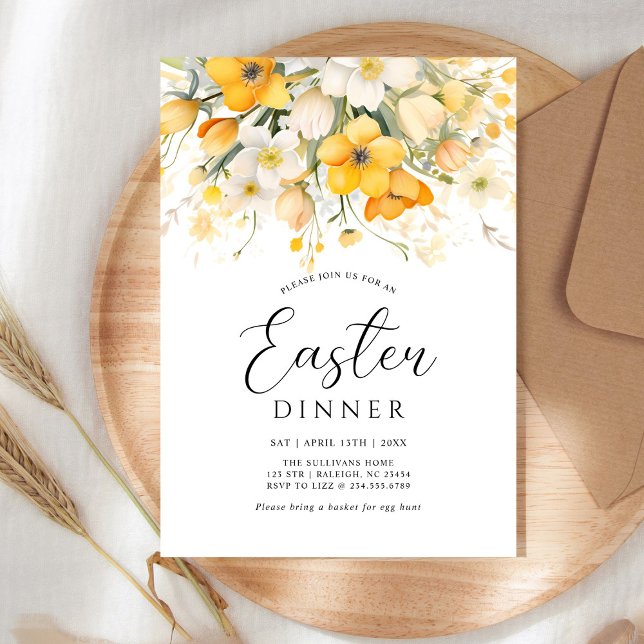 Convite Modern Yellow Spring Floral Easter Dinner (Criador carregado)