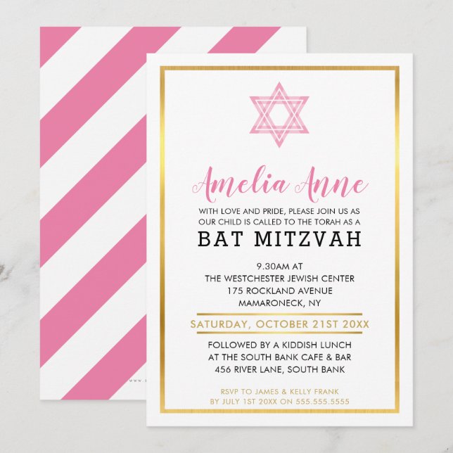 Convite MODERNA BAT MITZVAH INVITE estrela judia cor-de-ro (Frente/Verso)