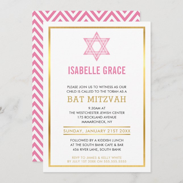 Convite MODERNA BAT MITZVAH INVITE estrela judia cor-de-ro (Frente/Verso)