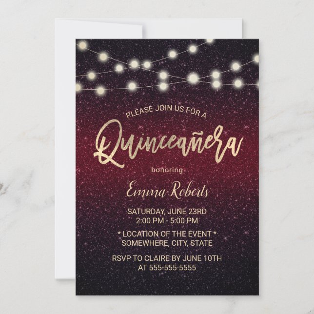 Convite Moderna Borgonha Vermelha Faux Glitter Quinceanera (Frente)