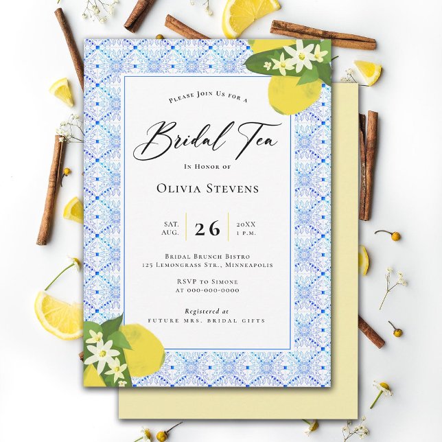 Convite Moderna Bridal Chá Lemons Chá português (bridal tea party lemons blue tiles modern elegant garden backyard stylish chic classic)