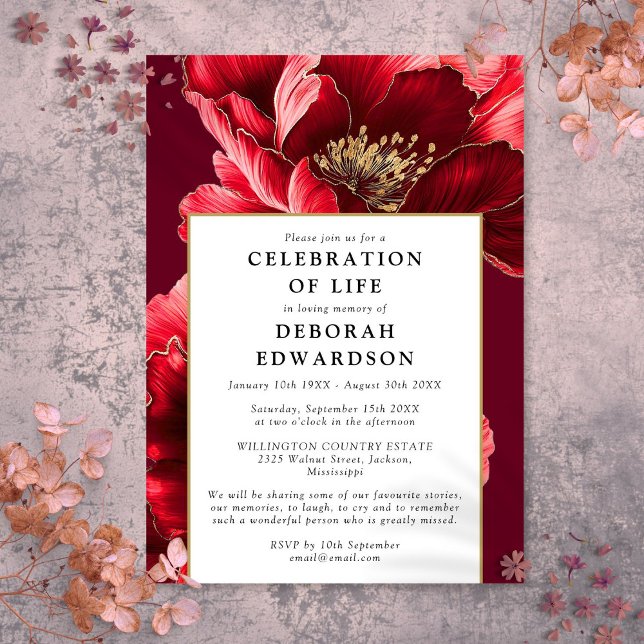 Convite Moderna Celebração Floral Vermelha Elegante Da Vid (Modern Red Elegant Floral Celebration Of Life Invitation)