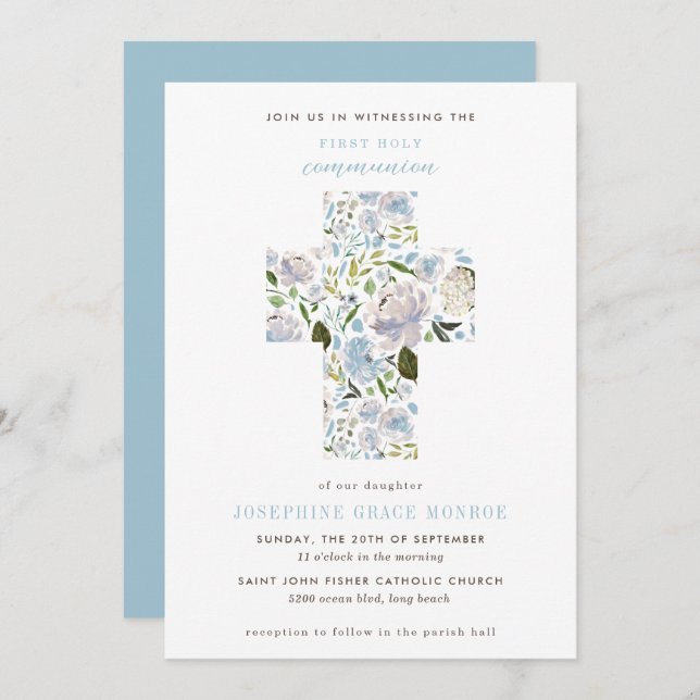 Convite Moderna Cruz Floral Azul Primeira Comunhão (Frente/Verso)