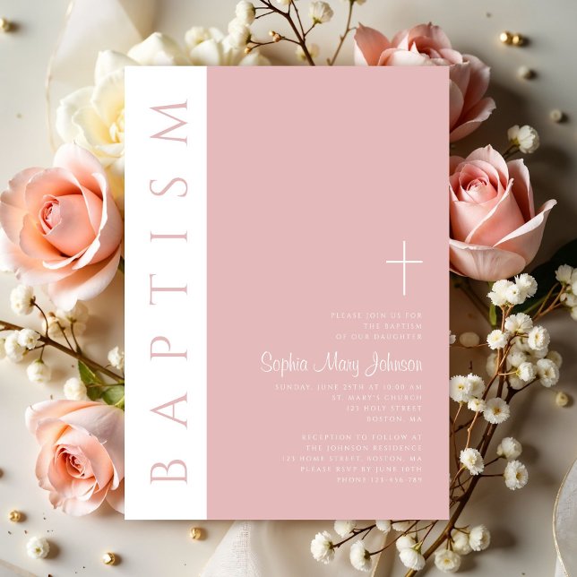 Convite Moderna Elegante Blush Cross Girl Rosa (Modern Elegant Blush Pink Cross Girl Invitation)
