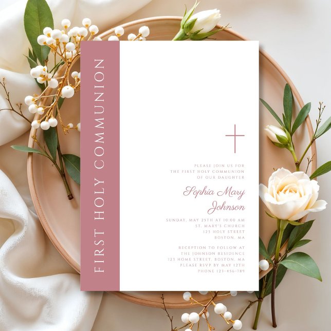 Convite Moderna Elegante Cruz Rosa Menina Primeira Comunhã (Modern Elegant Pink Cross Girl First Communion Invitation)