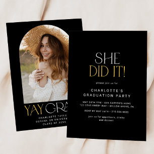 Convite Moderna Fete Preto Dourada Ela Fez A Graduação Fot