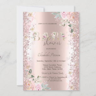 Convite Moderna Glitter Confetti Rosa Rosas Dourados Baby 