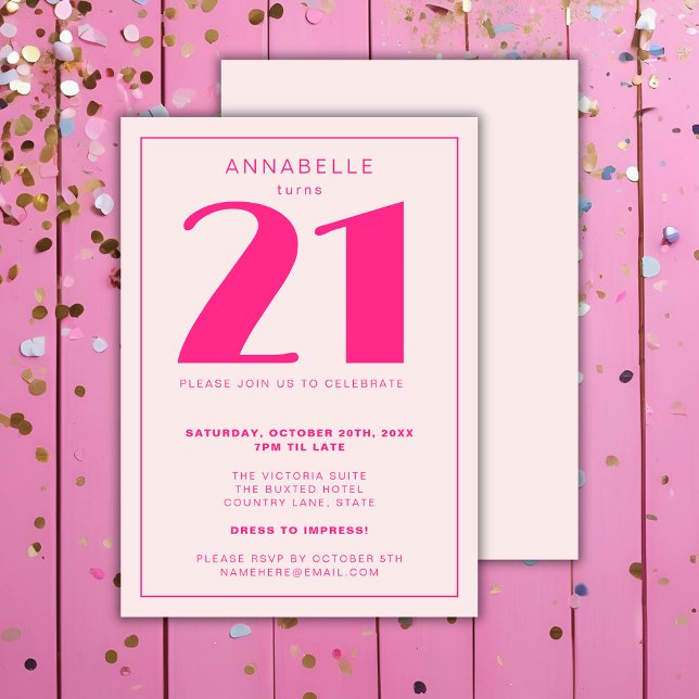 Convite Moderno 21 ruas 21 Festas de aniversário Rosa (Pink Girls 21st Birthday Party Invitation. Milestone birthday party and decor)
