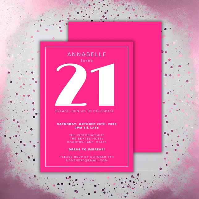 Convite Moderno 21 ruas 21 Festas de aniversário Rosa Quen (Modern Pink 21st Birthday Party Invitation for Her – Elegant & Customizable)