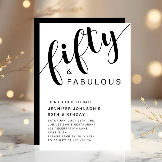 Convite Moderno 50 E Fabuloso 50. Aniversário (Minimalist Black And White 50th Birthday Invitation)