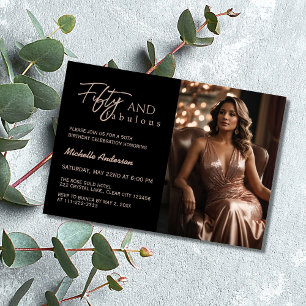 Convite Moderno 50 & Fabuloso Foto Rosa Dourado Aniversári