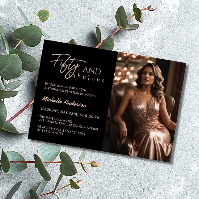 Convite Moderno 50 & Fabuloso Foto Rosa Dourado Aniversári (Criador carregado)