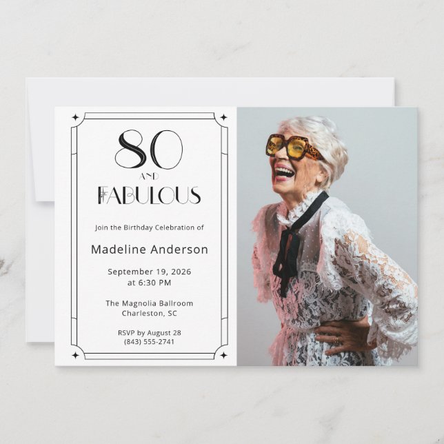Convite Moderno 80 & Fabuloso Foto Preto e Branco de Anive (Frente)