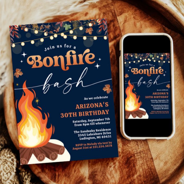Convite Moderno à Queda de Fogo, Bacia de Bonfire (Fall Invitations, Bonfire Birthday Invitation, Bonfire Party Invite)