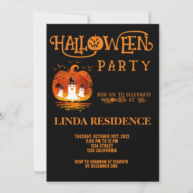 Convite Moderno Abóbora Preta Laranjas Feliz Dia das Bruxa (Frente)