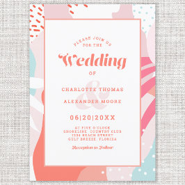 Convite Moderno Abstrato Artístico Coral Rosa Azul Turques