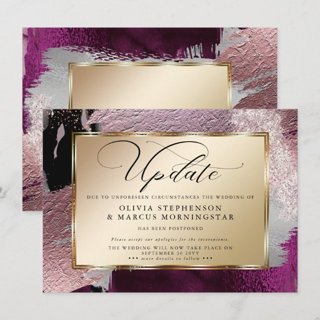 Convite Moderno Abstrato Ousado Vinho Cassis Atraso (Frente/Verso)