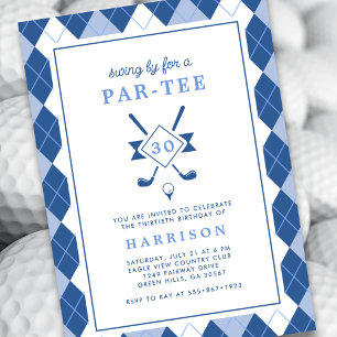 Convite Moderno aniversário de 30 anos Argyle Golf Azul