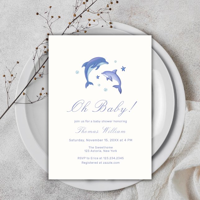 Convite Moderno Azul Sob O Chá de fraldas Do Golfinho (Blue Modern Under The Sea Dolphin Baby Shower Invitation)