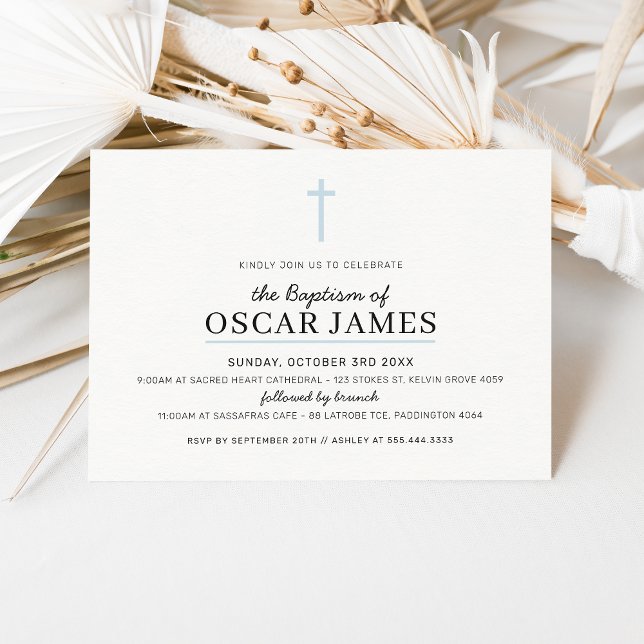 Convite MODERNO BAPTISMO Mínimo cruzado simples - azul pál (Criador carregado)