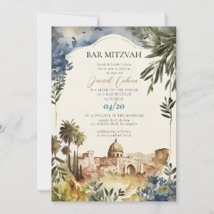 Convite Moderno Bar Mitzvah Azul Judaico Elegante Aquarela