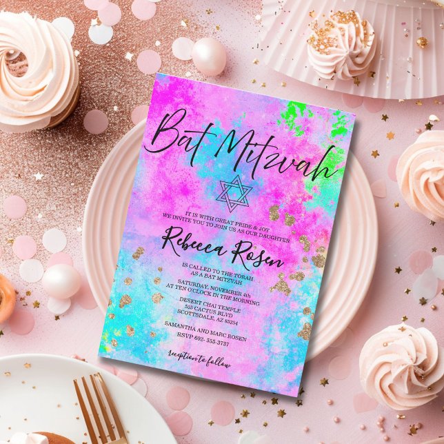 Convite Moderno Bat Mitzvah em Neon e Aquarela Dourada (Criador carregado)