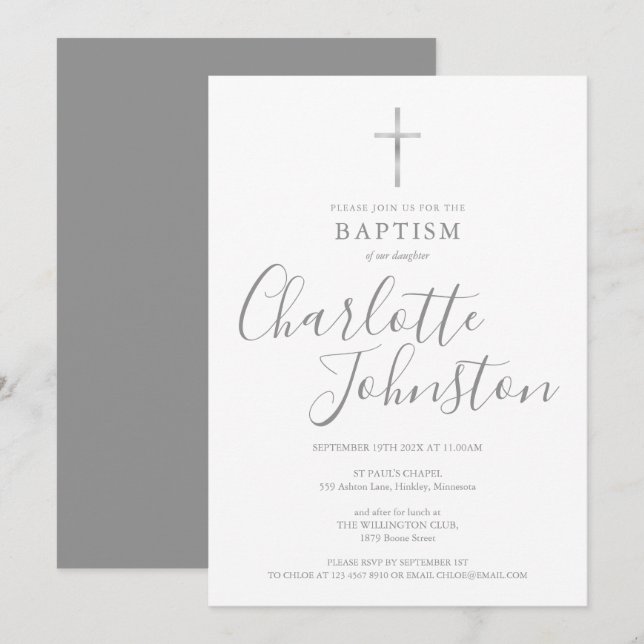 Convite Moderno Batismo Christening Silver Signature (Frente/Verso)