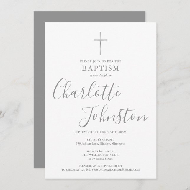 Convite Moderno Batismo Christening Silver Signature (Frente/Verso)