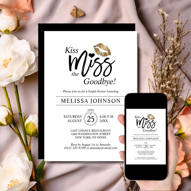 Convite Moderno Beijo Menina Tchau Chá de panela de Lábios (Modern Kiss Miss Goodbye Gold Lips Bridal Shower Invitation | Bachelorette)