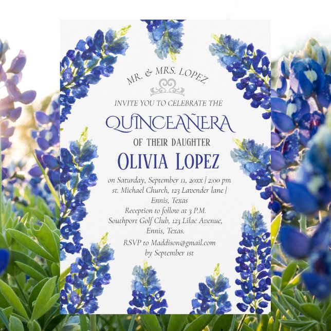 Convite Moderno Bluebonnets Quinceañera Floral 15 Aniversá (Criador carregado)