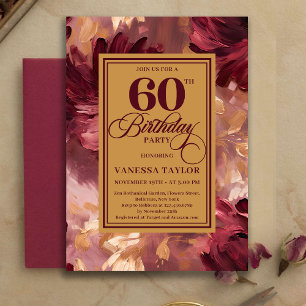 Convite Moderno Boho 60 Aniversário Burgundy Dourado Aquar