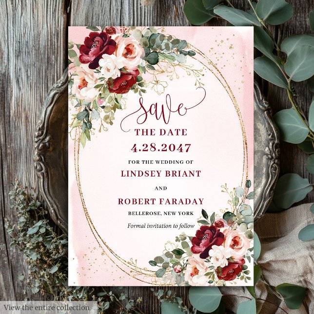 Convite Moderno Boho Bege Profundo Vermelho Dourado Floral (Modern Boho Deep Red Blush Gold Floral Save Date)