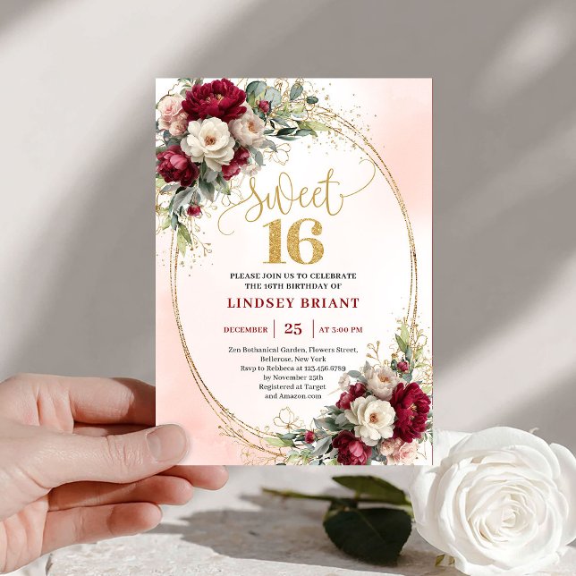 Convite Moderno Boho Borgonha Dourado Floral 16º Aniversár (Modern Boho Burgundy Gold Floral 16th Birthday Invite)