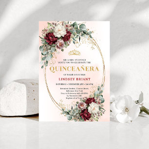 Convite Moderno Boho Marsala Flores Eucalipto Quinceañera