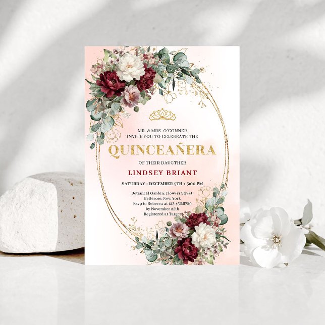Convite Moderno Boho Marsala Flores Eucalipto Quinceañera (Trendy Marsala Flowers Eucalyptus Quinceañera Invite)