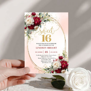 Convite Moderno Boho Merlot Dourado Floral Sweet Sixteen 1