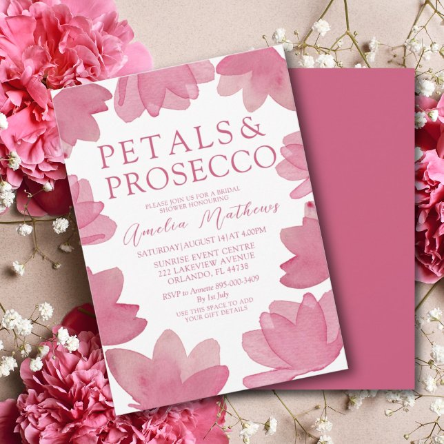 Convite Moderno Boho Rosa Aguarela Pétalas & Prosecco  (Criador carregado)