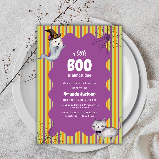 Convite Moderno Bonito Um Pequeno Chá de fraldas Ghost Gho (Cute Modern A Little Boo Ghost Cat Baby Shower Invitation)