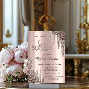 Convite Moderno Brilho Cool Drips Rosa Dourado Doce 16