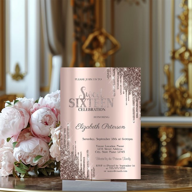 Convite Moderno Brilho Cool Drips Rosa Dourado Doce 16 (Criador carregado)