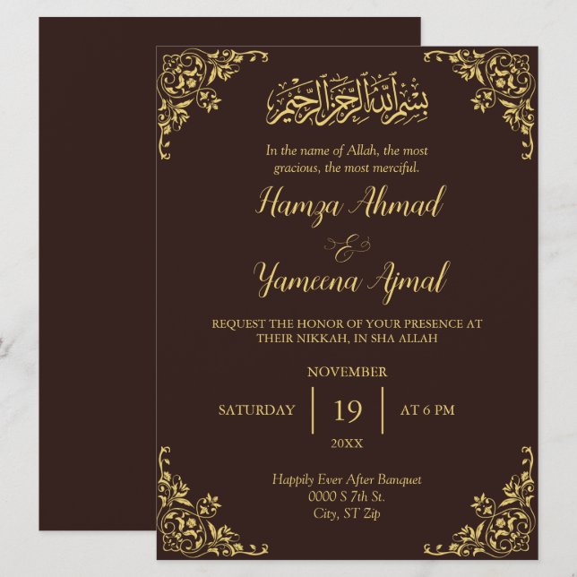 Convite Moderno Brown E Dourado Nikkah Islâmico Islâmico (Frente/Verso)