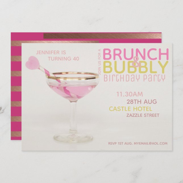 Convite Moderno BRUNCH BUBBLY Coquetel PINK GOLD 40º (Frente/Verso)