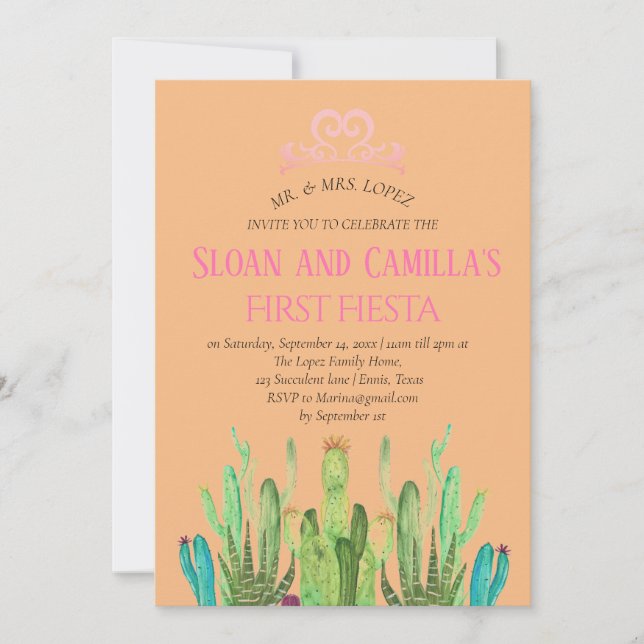 Convite Moderno Cactus Twins First Fiesta Birthday (Frente)
